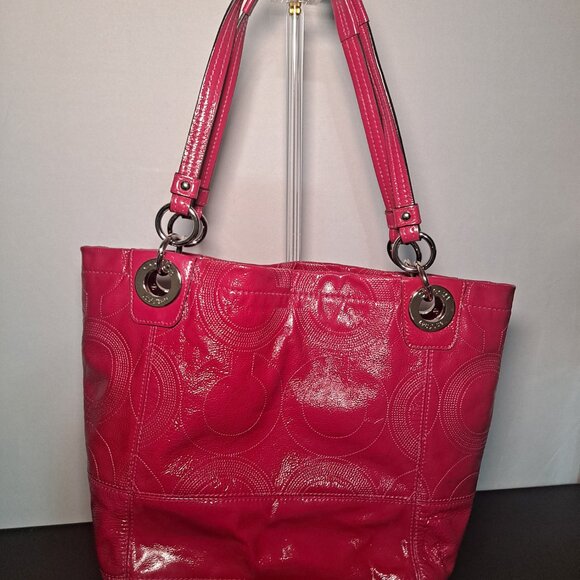 COACH Alex OP Signature Stitch Patent Leather Duffle Tote Pink Coral 14265 - Picture 2 of 6